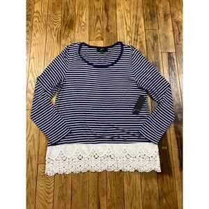 NEW Gnw Womens Top Large Blue White Striped Lace Trim‎ Long Sleeve Casual Shirt
